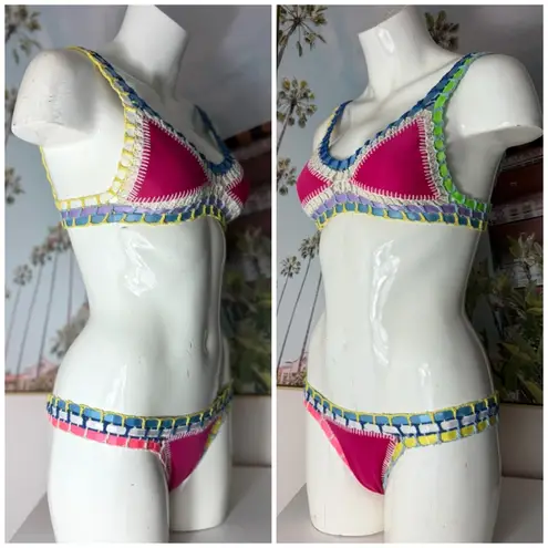Women’s Multicolor Crochet Trim Triangle Bikini Set Swimsuit Size Small Pink