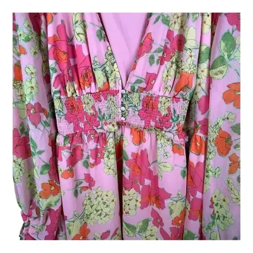 ASOS Curve Floral Soft Shirred Waist Mini Dress Peach Floral Women Plus Size 26 Pink