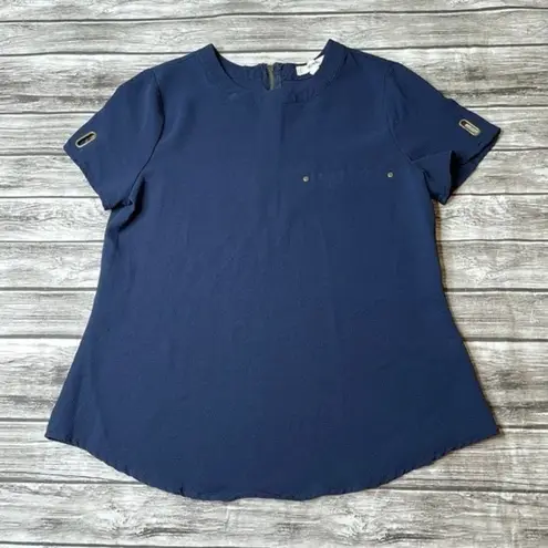 Mine Casual Short Sleeve Top Shirt Blouse Dark Navy Blue Brushed Gold S SM Small