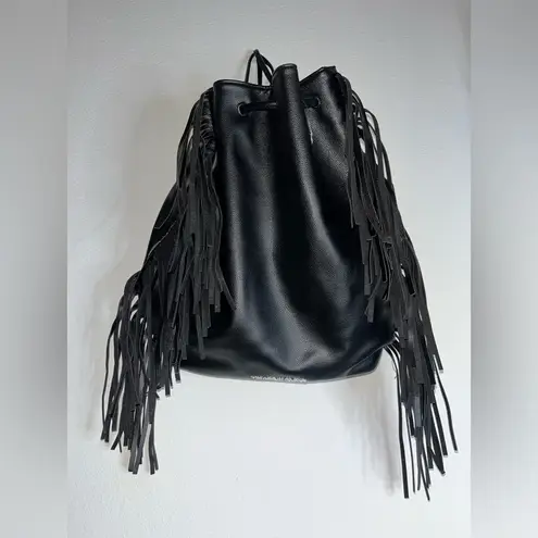 Victoria's Secret Fringe Bucket Bag Drawstring Black Faux Leather Large NWOT