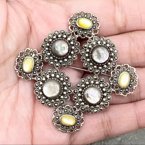 Sterling Silver Vintage 925 Filigree Marcasite Abalone Yellow Moonstone Brooch