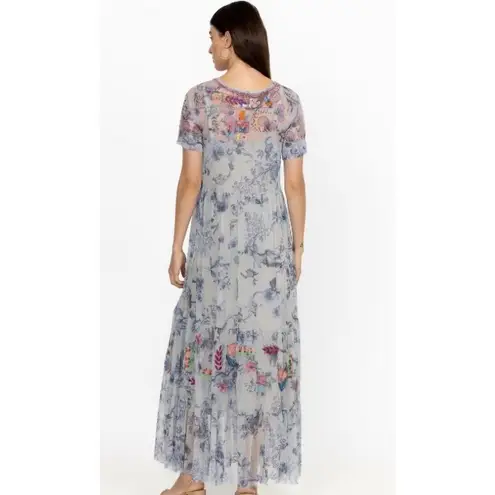 Johnny Was Logan Embroidered Mesh Tiered Maxi Dress Boho Floral Blue Large