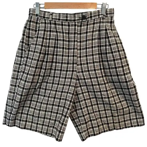 Bermuda Vintage Plaid Long High Waisted Mom Pleated Linen Cotton Blend  Shorts M