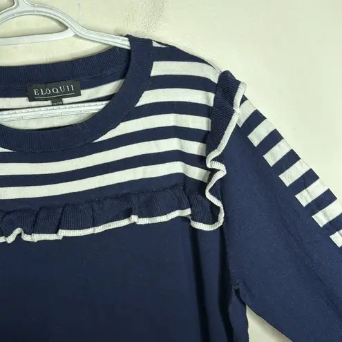 Eloquii Nautical Striped Ruffle Yoke Crewneck Sweater navy white size 22/24