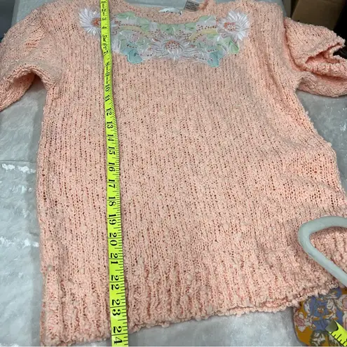 Vintage 80’s M peach Knit short sleeve Sweater Floral Embroidery Orange Size M