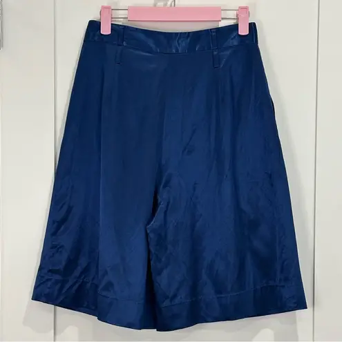 STAUD Noah Satin Bermuda Shorts Pleated High Rise Midnight Blue Knee Length 6