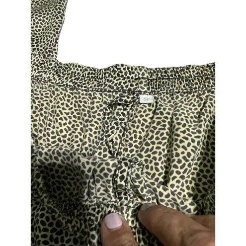 Leopard Print Pants S Elastic Waist Relaxed Fit Lightweight Silk Black