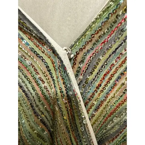 Sequin Cross Over Front Dress Green Striped Snap Closure Medium Holiday Party