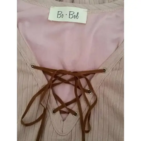 Bo Bel Rose Pink Ribbed Lace-Up Sleeveless V-Neck Shift Dress by from ModCloth M