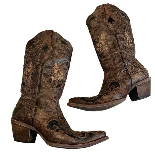 Corral Boots Brown Distressed Lizard Inlay Snip Toe style C2118, Sz 7