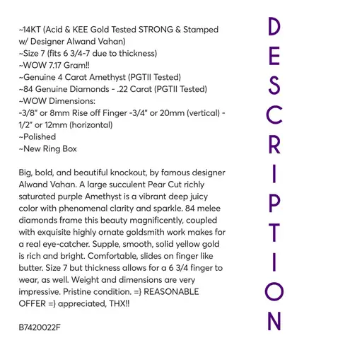 Alwand Vahan 14KT GENUINE 4 CARAT & DIAMOND RING DESIGNER -7.17 GRAMS!!