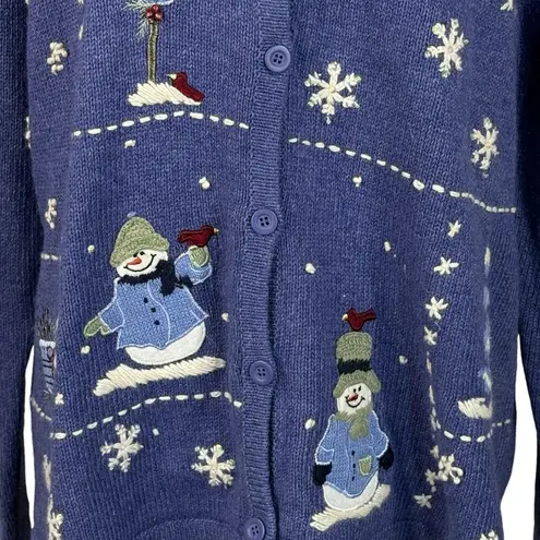 Croft & Barrow  X-Large Cardigan Sweater Snowmen Winter Snowflakes Crew Neck Blue