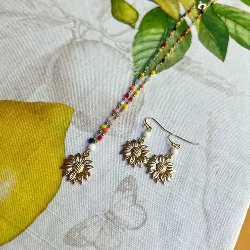 Sunflower Colorful Fun Multicolor Choker Jewelry Set Cubed Beaded Chain Casual Gold