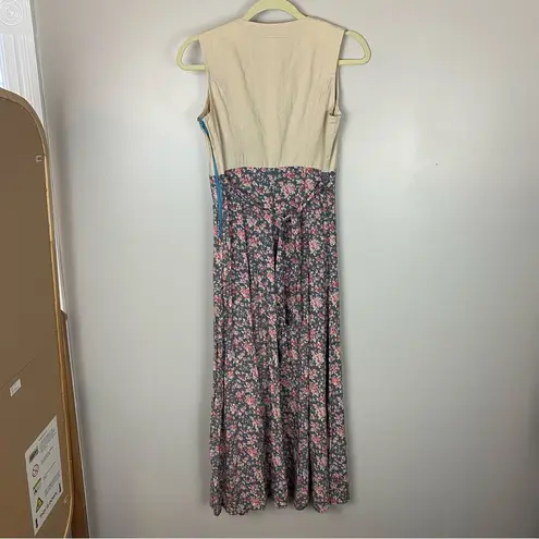 Vintage Blue VTG  Dress Sleeveless Button cotton tan Top Floral skirt size small