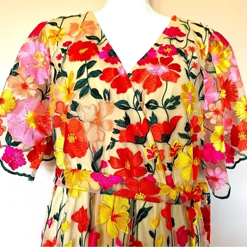 One Loved Babe Tan Orange Red Yellow Pink Floral Embroidered Tulle Maxi Dress. Size undefined