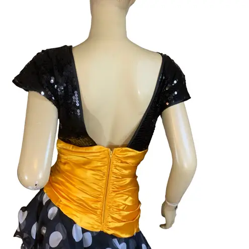 Pat Richards VINTAGE 1980'S BLACK & YELLOW SEQUIN & POLKA DOT RUFFLE DRESS (8)