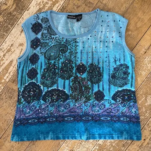 y2k beaded Teal Paisley Women's Tank Top Medium Blue