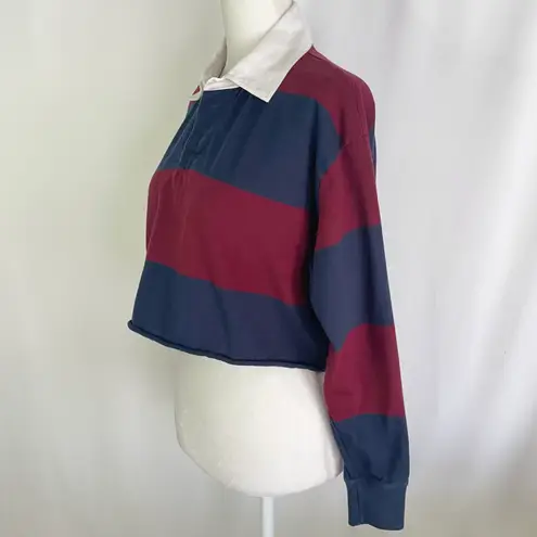 American Eagle New  Throwback Rugby Stripe Cropped Polo Shirt Maroon Navy Size XS