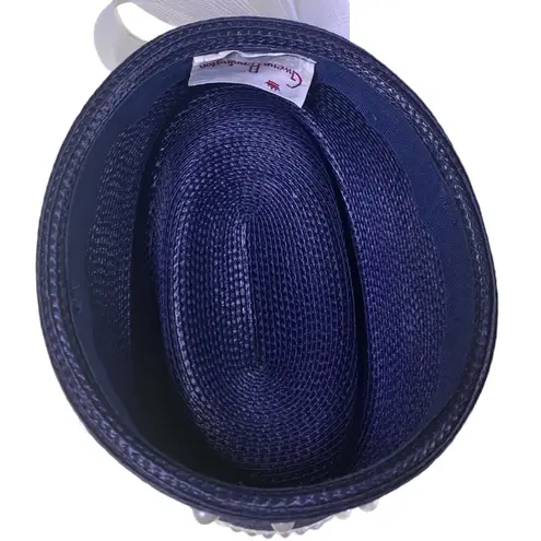 VINTAGE 1980'S GWENN PENNINGTON BLUE RATTAN W/WHITE TULLE & FAUX PEARLS HAT