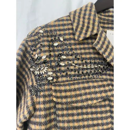 Sandro Paris Brodan Beaded Plaid Check Coat Wool Blend Button Front EU 38 US 6