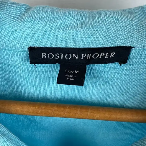 Boston Proper Linen Blend Blue Long Sleeve Button Up Tie Waist Blouse Top M