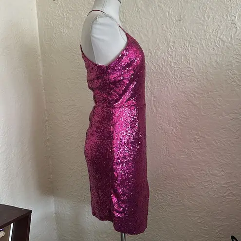 Lulu’s Hilaria Fuschia Pink Sequin Halter Asymmetrical Hem Mini Dress NWT M Size M