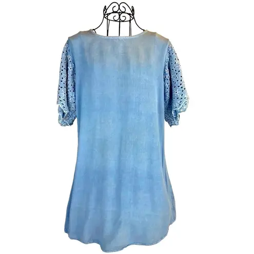 Eyelet Sleeve Pale Denim Chambray Blue Mini Dress by Style Envy Fairy Feminine