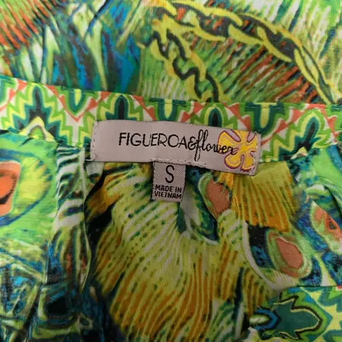 Figueroa Flower Blouse Small Peacock Print Bohemian Button Up Green Top