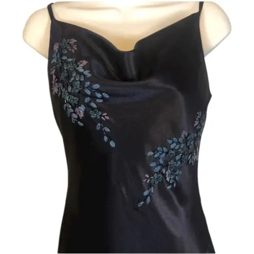 Alex Evenings Y2K navy beaded slip cowl neck floral satin formal Gown small