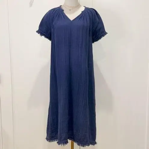 Voloshin Cotton Gauze Midi Dress XS Navy Boho Fringe Hem Lagenlook Beachy Chic Blue
