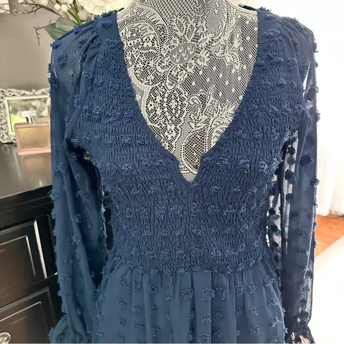 BTFBM Navy Swiss Dot Smocked Dress M Blue Size M