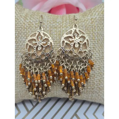 None Cute Gold Tone Dangle Bead 3" Drop Earrings Open Work Amber Color & Brown Beads