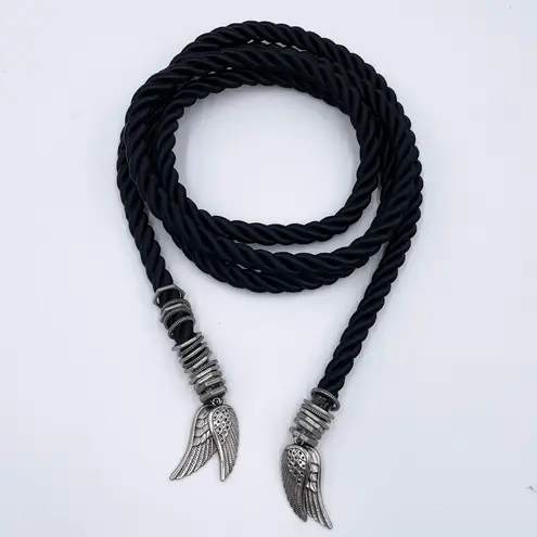 Vintage Black Rope Belt Silver Angel Wing Charm Tassels 69" Fairy Grunge Gothic