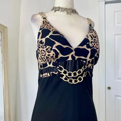 Early 2000's Black Gold Chain Mesh Animal Print Midi Party Dress M Size M