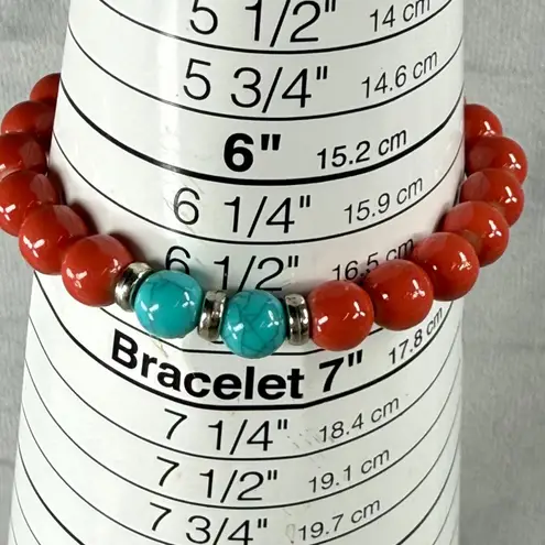 Set Of 3 Beaded Stretch Bracelets Red Blue & Natural Wood Beads Peace Sign Charm