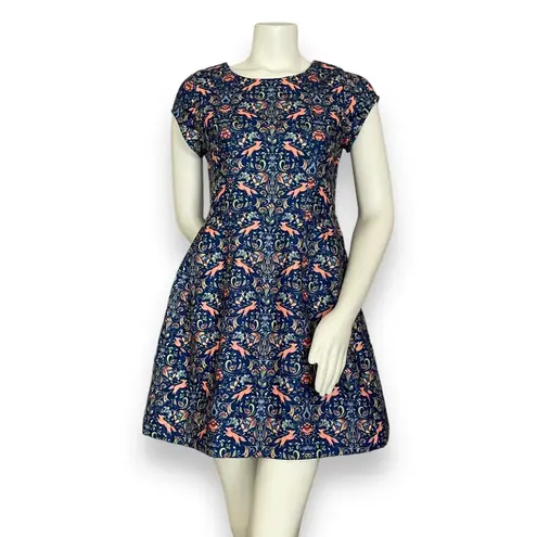Pink Martini Dress Fox Print Blue Floral A-Line Lined Small Women Cap Sleeves