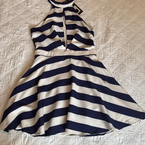 NWT Luxe Blue and White Halter Fit and Flare Mesh Back Cocktail Dress Size L Size L