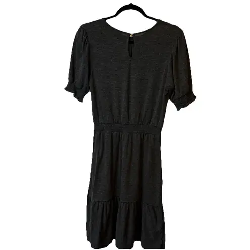 Loft  Smoked Dress Gray Elastic Waist Sz S Short Sleeve Knee Length Trendy Cozy‎
