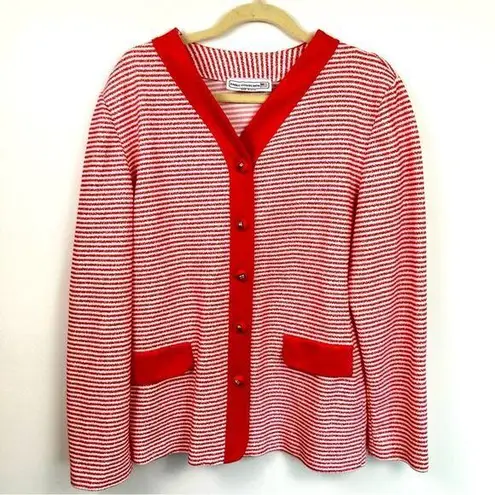 Vintage Womens L Red & White Striped Varsity Cardigan Preppy Nautical Coastal Size L