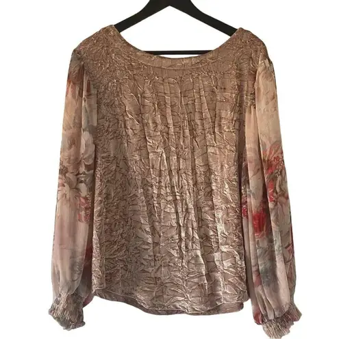 Anthropologie Meadow Rue  Loose Fit Blush Pink Crushed Velvet Floral Sleeve Top M