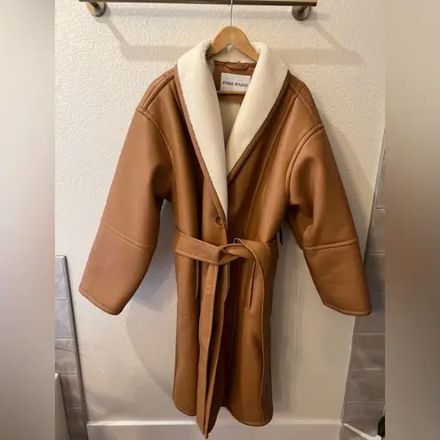 STAND STUDIO Tan Dolores Belted Shearling Coat Size 8