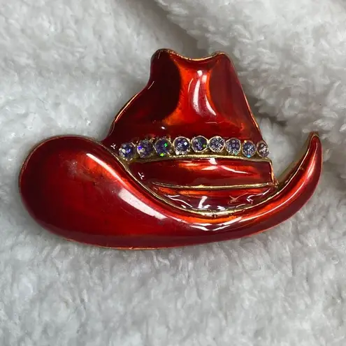 Cowgirl Cowboy Hat Red Enamel Painted Rodeo Rhinestone Pin Brooch Horse Show