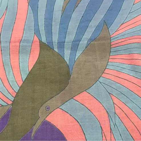 Vintage Purple Abstract Peacock Print Silk Scarf Hand Rolled Edges 40x40" EUC