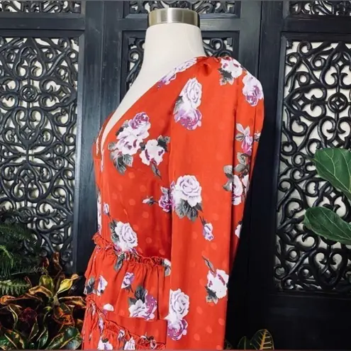 WAYF Floral Puff Sleeve Ruffle Layer Red & Violet Polka Dot Dress