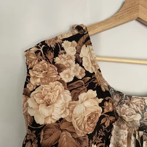 vintage floral vest lie up summery beige black floral top lightweight shirt M Brown Size M