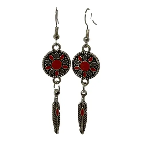 Silver & Red Boho Feather Dangle Earrings Western Mandala Drop Design