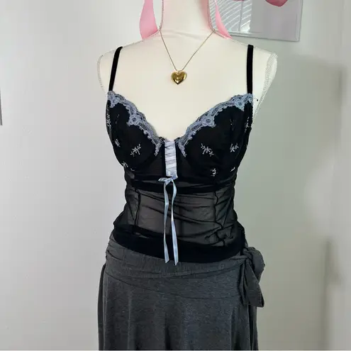 Delicates Vintage Y2K Black Blue Lace Floral Mesh Corset Bustier Top Womens Med