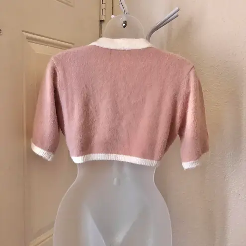Pink white firry fuzzy sherpa cropped coquette babydoll sweater cardigan