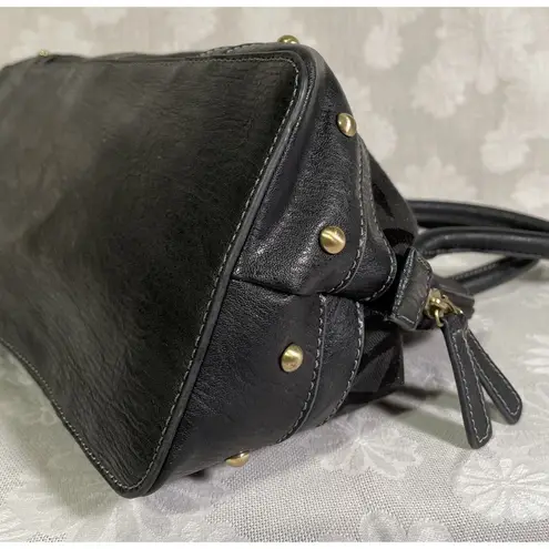 Etienne Aigner Black Leather and Canvas Satchel Bag Brass Accents