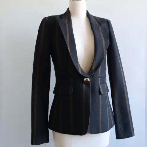 Smythe Peaked Lapel Blazer 100% Wool Jacket Black Mustard Stripe size 6